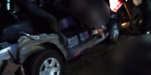 A mamgled up matatu at the scene of accident along Narok-Mai Mahiu Road on Wednesday night, October 14, 2020.