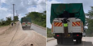 A man being beaten while dangerously hanging behind a moving lorry.