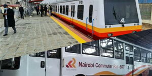 A montage showing the new Nairobi commuter train and the Bus Rapid Transport vehicles.