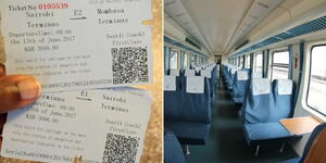 A pair of SGR tickets (left) and inside the SGR train in Kenya.