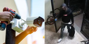 A person fixing CCTV cameras (left) and the suspect captured on CCTV accessing an apartment in Kileleshwa.