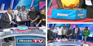 A photo collage of Inooro TV Journalists and MPs Kimani Ichung'wah, Kanini Kega and John Kiarie surprising Francis Gachuri on studio on Sunday, March 5, 2023.