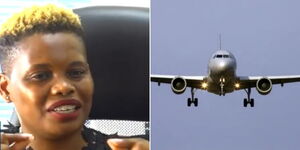 A photo collage of Virginia Kerubo and an airborne aeroplane