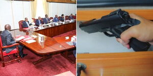 A photo of President William Ruto's cabinet and a hand holding a gun.jpg