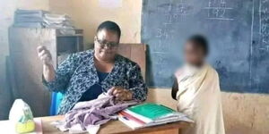 A photo of a teacher mending a student's uniform inside a classroom shared by Mike Mbuvi Sonko on Tuesday, May 9, 2023