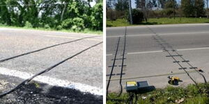 A photo of collage pneumatic road tubes and recorders installed on different road sections.