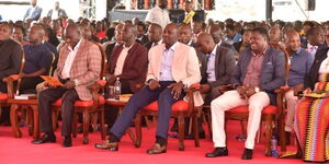 A photo ofPresident William Ruto and Deputy President Rigathi Gachagua attending a thanksgiving service in Tharaka Nithi on March 12, 2023.