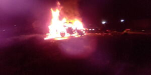 A saloon car filled with marijuana pictured after it burst into flames following an accident in Mtito Andei, Makueni County on Tuesday, March 10
