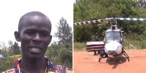 A screengrab of Geoffrey Otieno (left) and the helicopter he built (right)