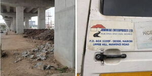 A side by side collage of trash under Nairobi Expressway (left) and a vehicle bearing Jomwak Enterprise sticker.