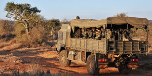 A truck ferrying British soldiers during training in Nanyuki.