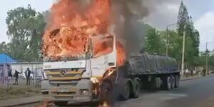 A truck in flames. The lorry was set ablaze by an angry mob in Eldoret on July 29, 2020.