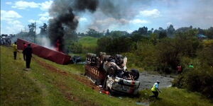 A truck on fire along Webuye-Eldoret Road on Sunday, October 31, 2021.