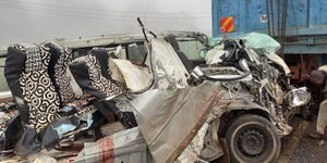 A wreckage of a 14-seater matatu that was involved in an accident along the Nairobi – Nakuru highway on Thursday, July 8