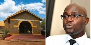 Photo collage between a church and founder of Atheists in Kenya Society Harrison Mumia