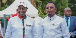 President William Ruto and Sports Cabinet Secretary Ababu Namwaba at an exhibition stand during the launch of the Talanta Hela Initiative at State House on June 8, 2023.