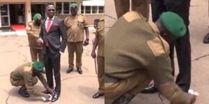 Photo collage of NYS officer cleaning CS Ababu Namwamba's shoes on Monday November 7, 2022