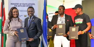 A photo collage of Sports CS Ababu Namwamba together with Azziad Nasenya (left) and Daniel Ndambuki alias Churchill (right) on separate dates in February 2023.