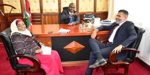 Suna East Member of Parliament Junet Mohamed with Abdulswamad Shariff Nassir (Mvita) and Mishi Mboko (Likoni) at Parliament buildings.