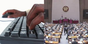 Photo collage between a person typing on a computer and parliament session in South Korea