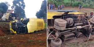 A collage image of a Kamiguru school bus involved in an accident along Nairobi - Meru highway.
