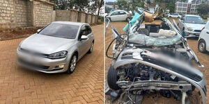 A collage image of a saloon car before (left) and after a road accident (right).