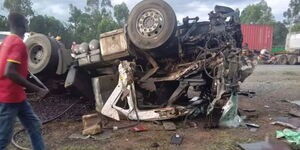 A photo of the wrecked trailer which collided with a school bus at Kaburengu junction on the Eldoret-Webuye highway on June 24, 2023. 