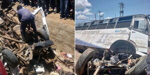 A photo collage of wreckage of a matatu and the Pwani University Bus involved in an accident at Naivasha Kayole area  on March 30,2023.