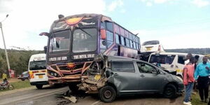 A Western-bound bus collides with a private car along Nairobi Naivasha Highway on Thursday, December 29, 2022.
