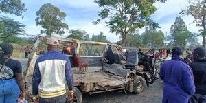 A photo of the wreckage of a matatu following a grisly accident along the Eldoret-Nakuru highway on December 31, 2023. 