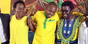 Activist Boniface Mwangi (centre), secretary General Nduko O’Matigere (right) and Vice Chairperson Schaeffer Okore (left) at Ukweli Party Launch in March 2017.
