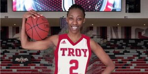 Adhiambo Koranga poses in her Troy Women's University kit on April 8, 2020.