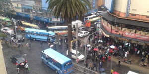 Aerial view of Kenyatta Avenue and Moi Avenue junction in Nairobi CBD.