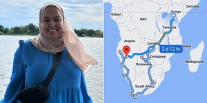 A photo collage of Aisha Taib Bajaber during her vacation (left) and the route used for the 3-month adventure (right).