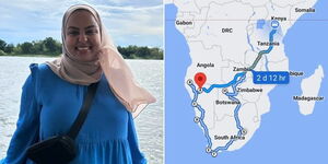 A photo collage of Aisha Taib Bajaber during her vacation (left) and the route used for the 3-month adventure (right).