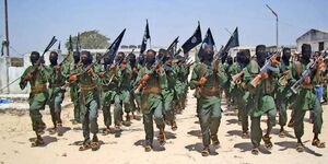 Al-Shabaab militants conduct military drills at a base in Somalia.