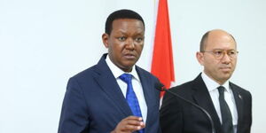 Foreign Affairs CS Alfred Mutua (left) and Turkey's Ambassador to Kenya Subutay Yuksel (right) during a press briefing on Tuesday, February 7 in Nairobi, Kenya.