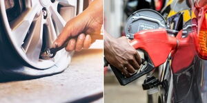 A collage photo of a motorist inflating a car tyre (left) and a petrol attendant pumping a car (right).