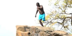 Diver Ambrose Kiptui before diving into Kerio River on January 29, 2023