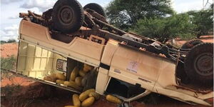 A hospital van flipped with rolls of Bhang along Garissa-Modogashe Road on Thursday, April 16, 2020.