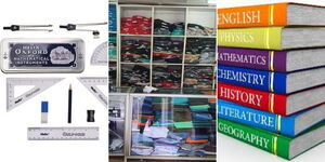 An collage of a geometrical set, school uniform and text books.