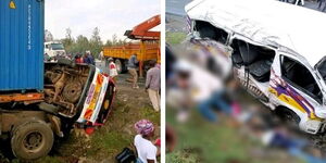An collage of the accident scene involving a trailer and two PSVs of along the Nakuru-Eldoret highway on Tuesday, December 13, 2022.