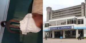 An collage of the child who sustained a head injury and the Kenyatta National Hospital emergency station