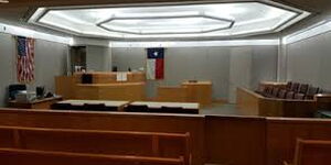 An empty court room in Dallas, Texas.