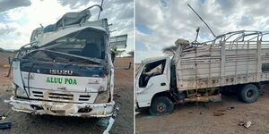 An image of the wreckage of the lorry that overturned along the Lodwar-Kakuma highway on Saturday, February 4, 2023.