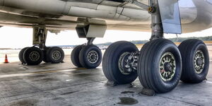 An image showing a plane's wheels.