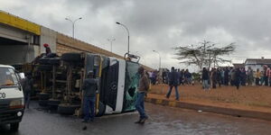An overturned truck along a highway in Kenya.
