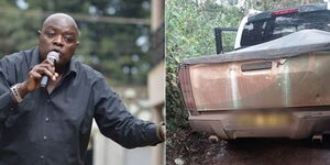 Kirinyaga gubernatorial independent candidate Wangui Ngirici's husband, Andrew Ngirici blocks vehicle with government plates ferrying election materials