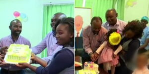 Angelie Ochwando's parents cutting cake at the Reale Hospital in Eldoret on June 11, 2022.