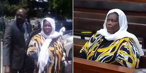 Missing oil tycoon Ann Njoroge alongside her lawyer, Cliff Ombeta in Mombasa County on November 14, 2023. 